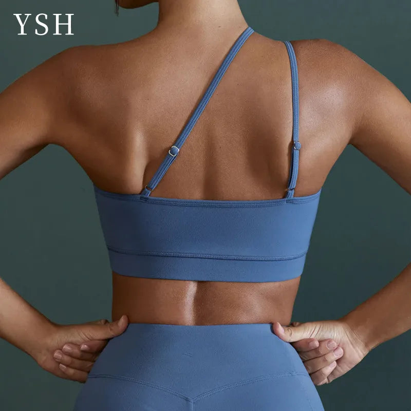 Sexy Diagonal Shoulder Strap Yoga Bra: Solid Color Sports Top for Fitness