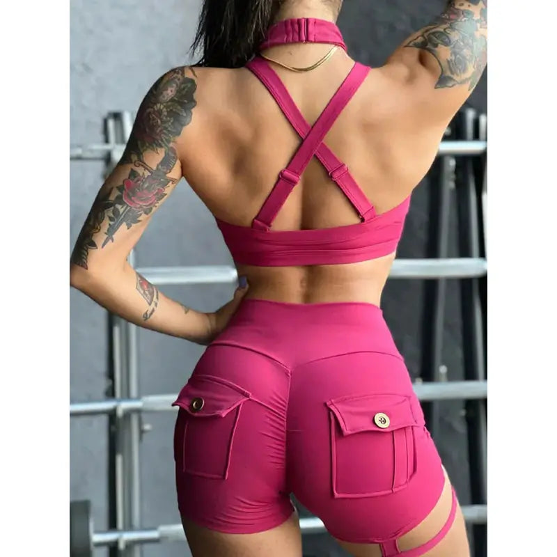 Sexy Backless Shockproof Running Bra Set: 2pcs Bandage Gym Suit